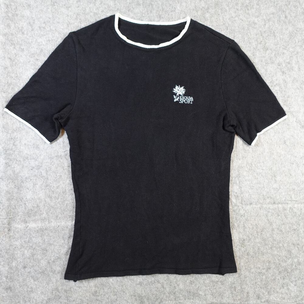 Escada Sweater Womens Large Sport Logo Knit Crew Neck Short Sleeve Black Luxe